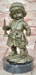 Decorative Bronze Sculpture Statue Musical Girl in Hat Playing Horn Figurine Art - Picture 1 of 10