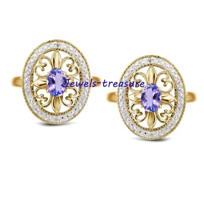 Natural Tanzanite & CZ Gemstones Gold Plated 925 Sterling Silver Cufflinks #5884 - Image 1 of 4