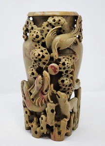 Antique Handcarved Chinese Soapstone Dragon,Phoenix,Beast Vase Relief Sculpture - Picture 1 of 12
