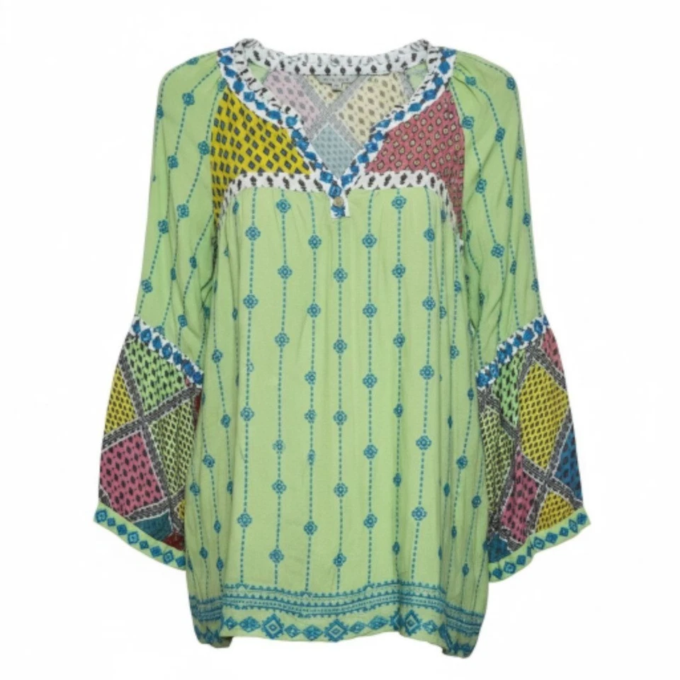 Túnica JOHN MARK Boho Patchwork Manga Sino Feminina Plus Size 3X Verde NOVA - Imagem 1 de 4