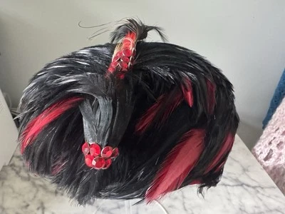 Vintage Women's Tall Bubble Pillbox Hat with Black, Red Jeweled  Feather Derby - Image 1 of 4