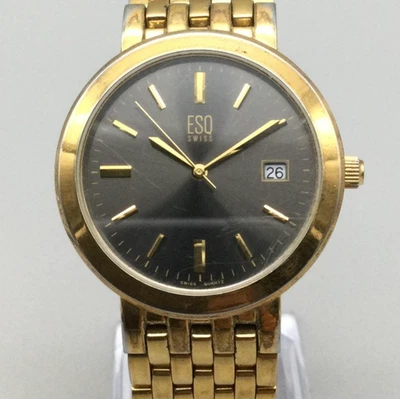 Швейцарские мужские часы ESQ 35 мм золотистый черный дата нержавеющая сталь новый аккумулятор 7,25 дюйма - Изображение 1 из 4