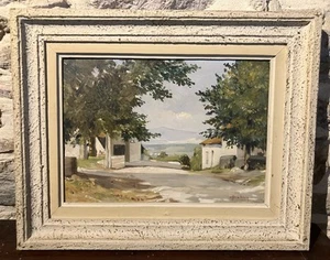 Ancienne huile sur panneau XXe signée : vue présumée des Cévennes Nîmes ? - Foto 1 di 14