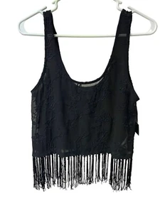 Forever 21 Black Embroidered Floral Fringe Sleeveless Crop Top Size Small NWT - Picture 1 of 9