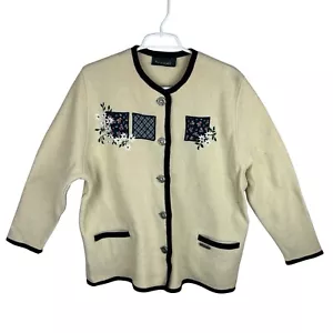 Vintage Wesenjak Women Pure New Wool Cardigan Sweater Jacket Cream Blue US Sz 14 - Picture 1 of 10