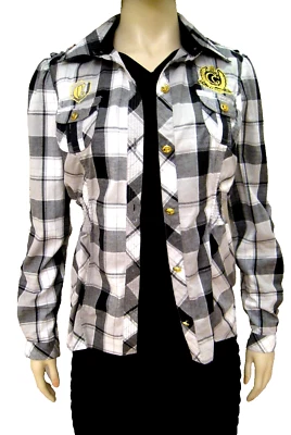 Camisa COOGI para mujer talla M blanca negra a cuadros a presión lengüeta enrollable mangas largas nueva Foto 1 de 4