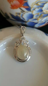 Natural 4ct Light Yellow Jadeite Jade (Type A) 925 Silver Pendant with Chain - Picture 1 of 11
