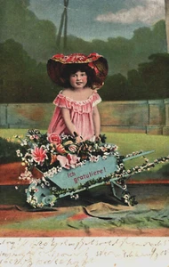 Feliz Cumpleaños Niña con un Carro de Flores Postal Vintage B143 - Imagen 1 de 2