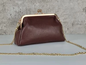 Small Vintage Leather Purse Clutch Bag, Kiss Lock Bag, Italian Handmade Leather - Picture 1 of 8