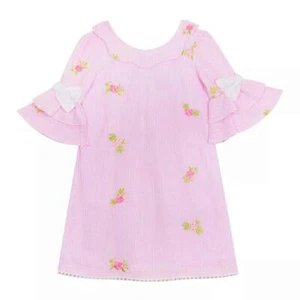 RARE EDITIONS Girl's 5 Pink Embroidered Seersucker Bell Sleeve Dress NWT $55 - Picture 1 of 2