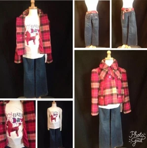Gap Kids Girls Bad Hair Day Poodle Dog Plaid Jacket Shirt Jeans size 6-7 EEUC - Picture 1 of 2