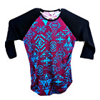 LuLaRoe Women's Tee Shirt Size L 3/4 Sleeve Berry/Blue Geometric Black Sleeves