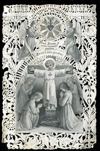 ANTIKE HEILIGE KARTE AUS SPITZE CANIVET VON JESUS AM KREUZ MIT ENGELN - Bild 1 von 2