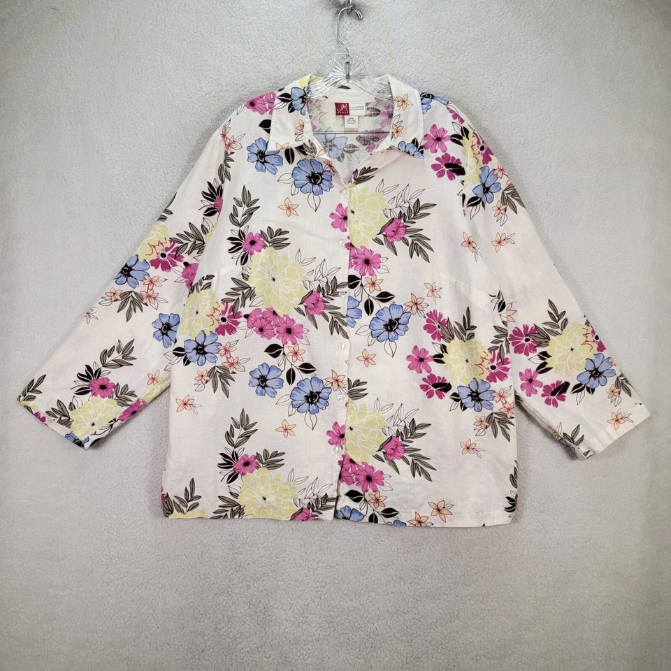 Jennifer Moore Women Top Plus Size 18W White Floral Linen Collared Button Blouse - Image 1 of 4