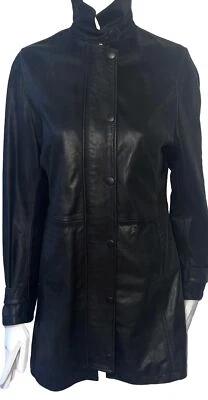 Ladies BARBOUR Black Real Leather Zip Popper Mid Length Jacket Size UK 10 - Image 1 of 4