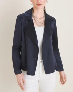Chicos Double-Breasted Washer Jacket 1 US 8/10 Navy Blue Silky Crop Boxy Peacoat - Picture 1 of 9