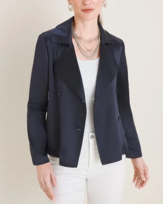 Chicos Double-Breasted Washer Jacket 1 US 8/10 Navy Blue Silky Crop Boxy Peacoat - Image 1 of 4