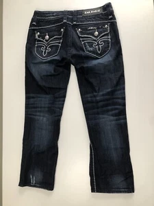 Rock Revival Jeans Womens 29 Stephanie Easy Capri Dark Wash Distressed Bling - Picture 1 of 8