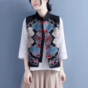 Femme Ethnique Broderie Bouton Grenouille Gilet Débardeur Veste Décontracté - Picture 1 of 11