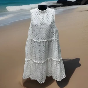 Mud Pie Boho Ösen Kleid Sommerkleid M weiß ärmellos Stufen Rüschen Beachy kurz - Bild 1 von 9