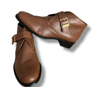 Etienne Aigner Leather Brown Booties Gold Tone Buckle 9.5M Ankle Boots - Picture 1 of 12