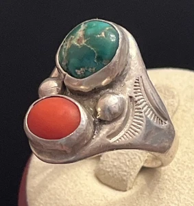 Early Old Pawn Sterling Silber Indianer Türkis Koralle Herren Ring S 10,5 - Bild 1 von 17