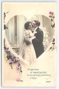 Postcard RPPC French Couple Wedding Dress Attire Tinted Studio Photo posted 1908 - Picture 1 of 2