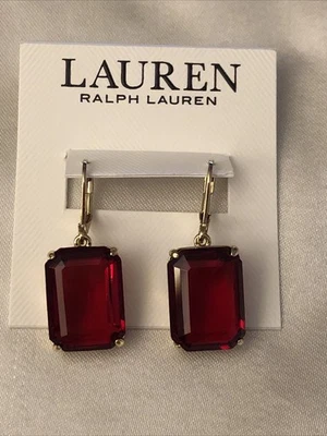 Pendientes colgantes Lauren Ralph Lauren tono dorado rojo cuadrado cristal acento nuevos con etiquetas Foto 1 de 4