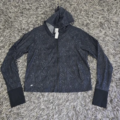 Fabletics Jacket Womens Large Black Gray Snake Print Hooded Full Zip Thumbholes - Image 1 of 4