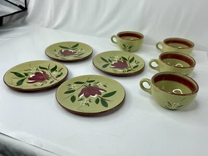 Stangl Magnolia 4 Cups & Saucers 1950's Hand Painted Maroon Yellow Green Engobe - Picture 1 of 10