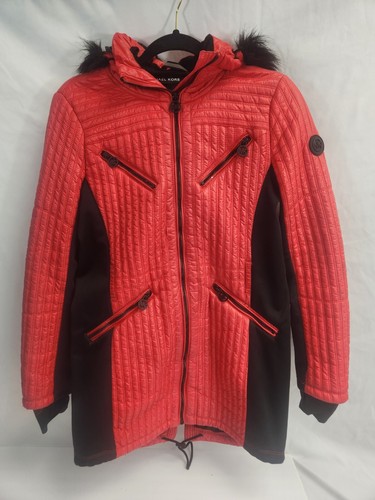 CAPPOTTO INVERNALE MICHAEL KORS DONNA ROSSO PUFFER CAPPUCCIO FODERA FINTA ABETE TAGLIA SMALL E77