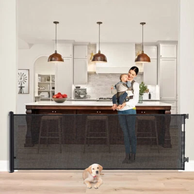 TIEKER Black 300 cm Retractable Baby Toddler Gate Safety Folding Pet Dog Gates Stairs