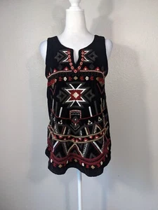 Lucky Brand Black Embroidered Tank Blouse Top Small Velvet Art Aztec Boho N22 - Picture 1 of 7