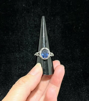 Silver-Tone Faux Sapphire Solitaire Ring US SZ 8 3/4 - Image 1 of 3