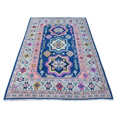 5'x6'10" Lowes Blue Multiple Borders Vibrant Fusion Kazak Oriental Rug G89232 - Image 1 of 4