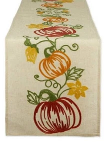 Herbst Kürbis Leinen Tischläufer 14" x 70" Küche Bauernhaus Dekor bestickt - Bild 1 von 3