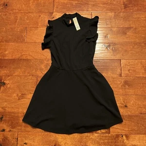 High Neck Ruffle Sleeve Flare Pockets S Dress NWT $56 Black Francesca's Boutique - Picture 1 of 9