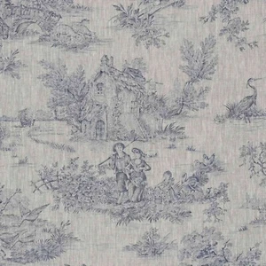Toile De Jouy Linen Fabric Blue French Pastorale Curtains Upholstery Cushions - Picture 1 of 5