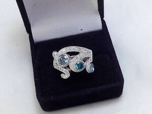 1.52Ct Genuine Natural Blue And White Diamond Ring Solid 14K White Gold. 3 stone