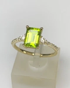 Art Deco 14K Gold Plated 925 Silver Natural Emerald Cut Peridot Engagement Ring - Picture 1 of 8