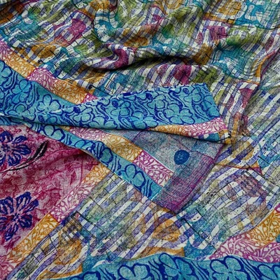 Vintage Sari Multi Pure Georgette Silk Printed Saree Craft Fabric Sewing 5Yard - Image 1 of 4