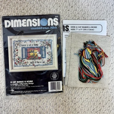 A Cat Makes A Home VTG Dimensions Cross Stitch Kit 1990 7" x 5" Needle Missing - Image 1 of 2