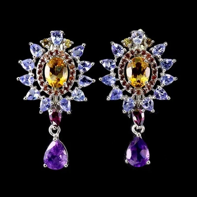 925 Sterling Silver Earrings Oval Blue Opal Amethyst Sapphire Gemstone Jewelry - Image 1 of 4