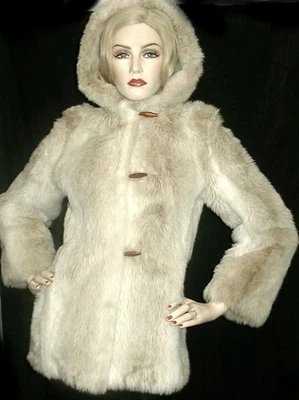 CHAQUETA DE PIEL SINTÉTICA VINTAGE AÑOS 70 Botones Palanca Crema/Bronceado Capucha Cremallera PEQUEÑA Apres Ski Foto 1 de 4