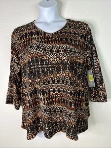 Neu mit Etikett Multiples Damen Übergröße 1X schwarz/braun abstraktes Strickoberteil 3/4-Gitterärmel - Bild 1 von 9