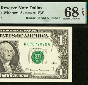 1999 $1 Federal Reserve Note PMG 68EPQ - Top Pop - Radar Serial Number 07077070 - Picture 1 of 3