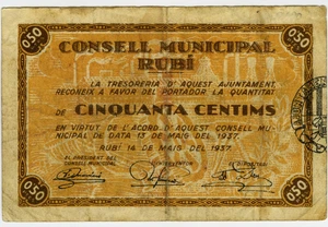 ☆ SPAIN CIVIL WAR 1937 • RUBI 50 CENTS MUNICIPAL ☆ GUERRA CIVIL ESPAÑOLA  ☆D1673 - Picture 1 of 2