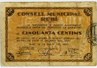 ☆ SPAIN CIVIL WAR 1937 • RUBI 50 CENTS MUNICIPAL ☆ GUERRA CIVIL ESPAÑOLA  ☆D1673 - Image 1 of 2