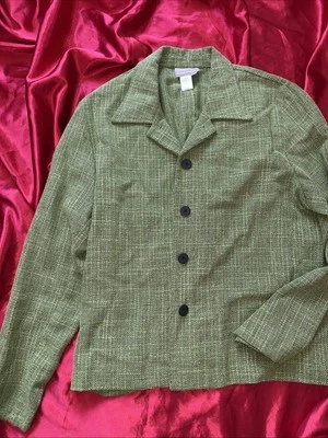 Coldwater Creek Pea Green Lime Button-Up Tweed Jacket Blazer Size L Spring - Image 1 of 4