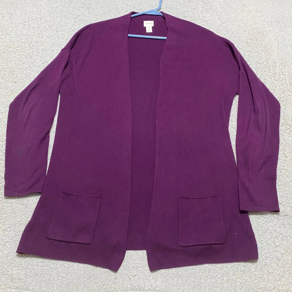 Chicos Mujer Grande Suéter Púrpura Cárdigan Bolsillos Frontales Abiertos Manga Larga Foto 1 de 4